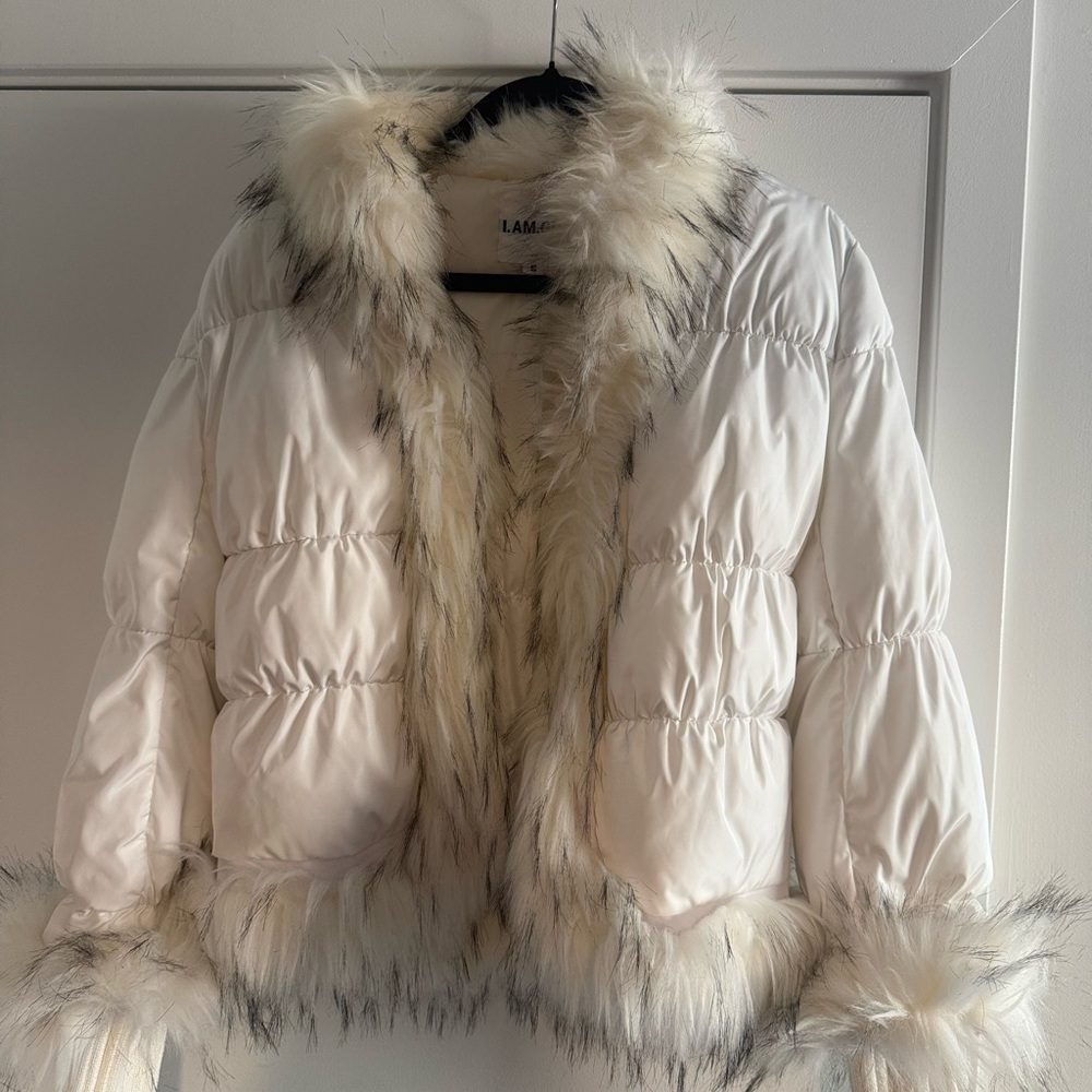 I AM GIA White Faux Fur Trimmed Jacket